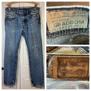 Diesel Jeans Mens 33x34 Blue Braddom Straight Distressed Button Fly Rips Holes‎